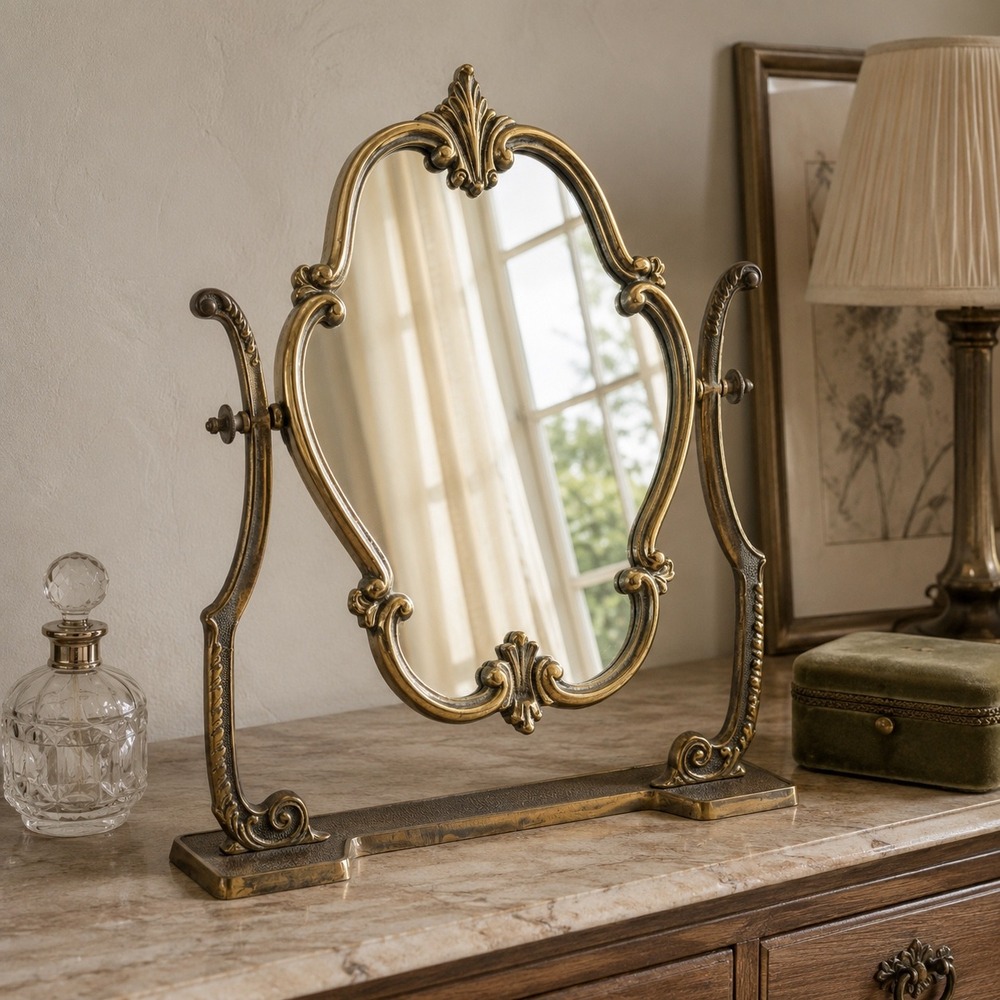 Vintage Brass Swivel Vanity Mirror Ornate French Rococo Style Tabletop Tilting
